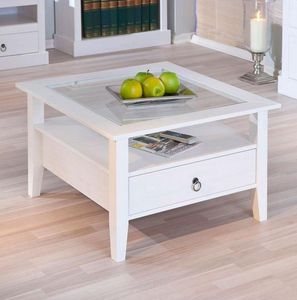 WHITE LABEL - table basse design provence blanche en pin massif  - Table Basse Carrée