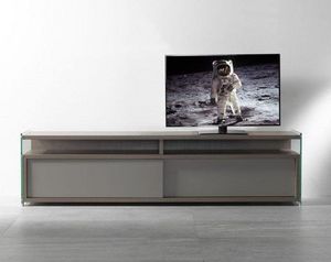 WHITE LABEL - meuble tv talac noyer 2 portes coulissantes grises - Meuble Tv Hi Fi