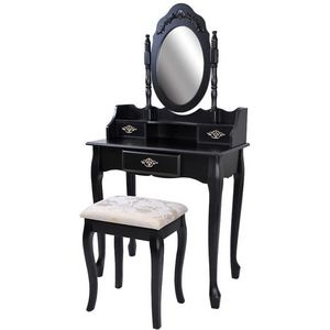 WHITE LABEL - coiffeuse bois noir miroir tabouret - Tocador
