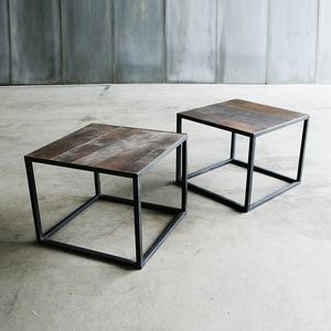 Sgabello o tavolino in tronco di legno con piedi in Ferro Industrial Vintage